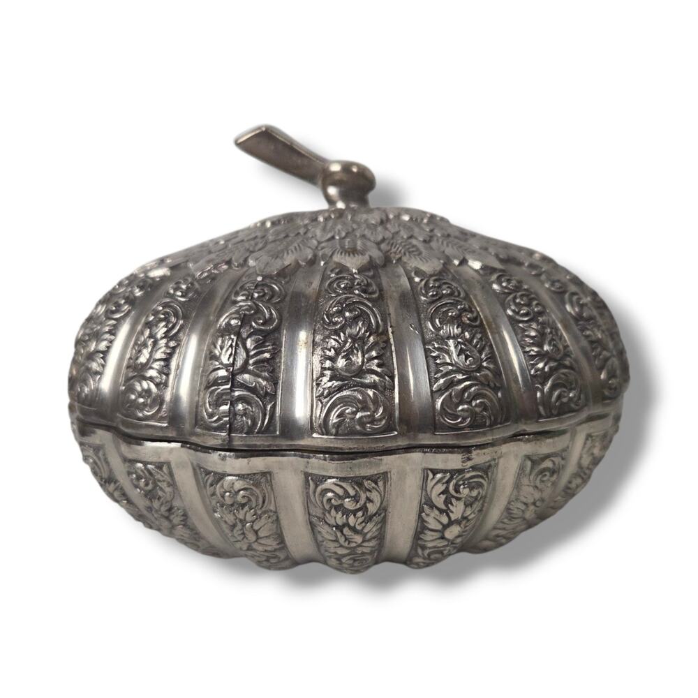 Vintage Betel Box Silverplate Tone Pumpkin Gourd Candy Bowl Trinket Dish Lidded